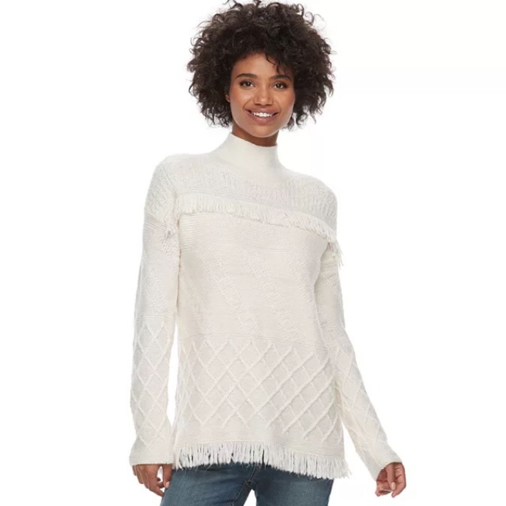 Sonoma White Fringe Cable Knit Mock Neck Sweater
